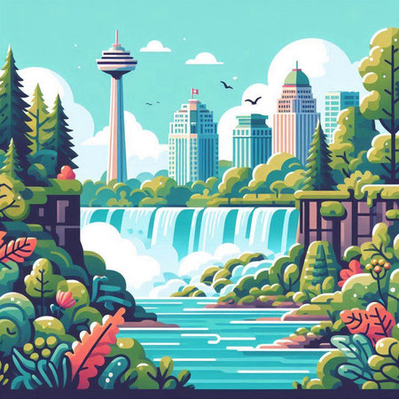 Landscape of the city with a waterfall. Vector illustration in flat styleのイラスト素材