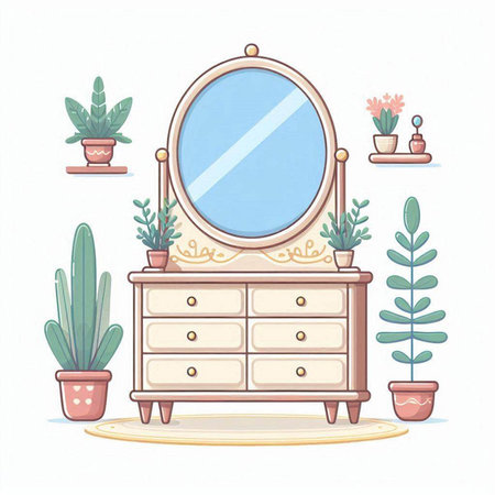 Vector illustration of a dressing table with a mirror and decorative plants.のイラスト素材