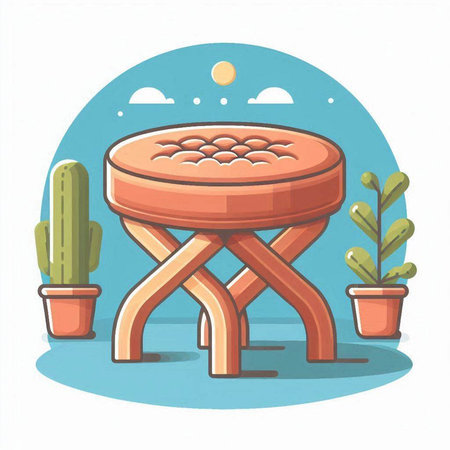 Round wooden table with cactus in pots. Vector illustration in flat styleのイラスト素材