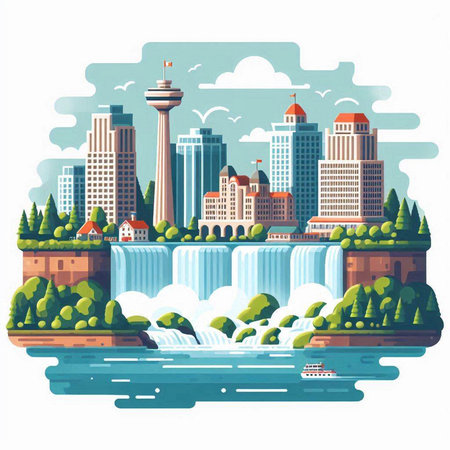 Waterfall and cityscape, vector illustration. Flat style design.のイラスト素材