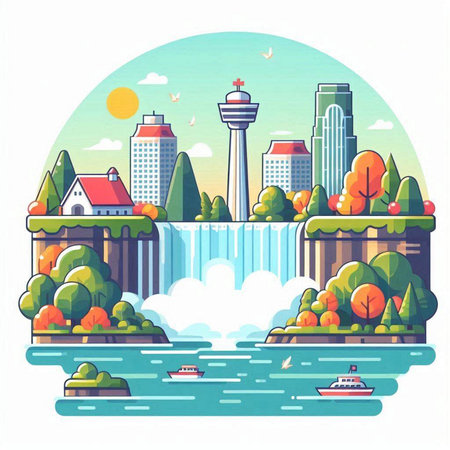 Waterfall and city landscape. Vector illustration in flat cartoon style.のイラスト素材