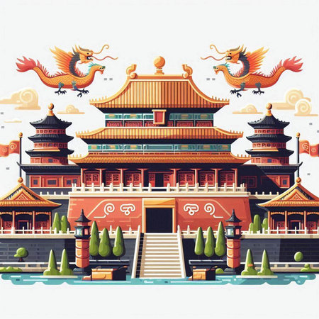 Chinese ancient building with dragon and japanese dragon. Vector illustrationのイラスト素材