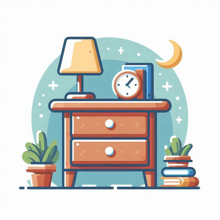 Bedside table with clock and books. Flat style vector illustration.のイラスト素材