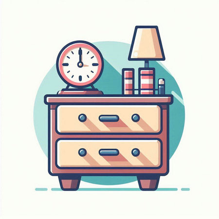 Nightstand with clock and books. Colorful flat vector illustration.のイラスト素材