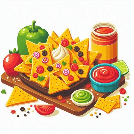Mexican nachos with salsa and guacamole, vector illustrationのイラスト素材