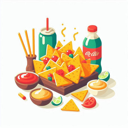 Mexican nachos with sauces and condiments. Vector illustration.のイラスト素材