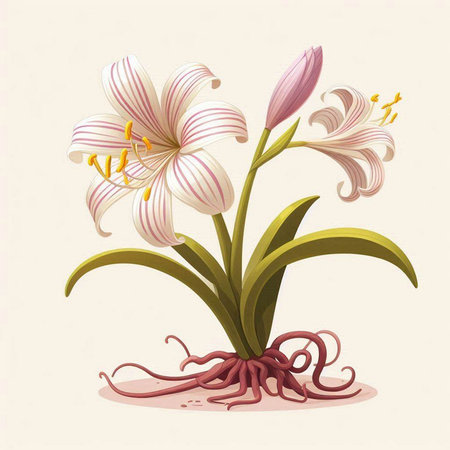 Illustration of a lily flower with roots on a white backgroundのイラスト素材