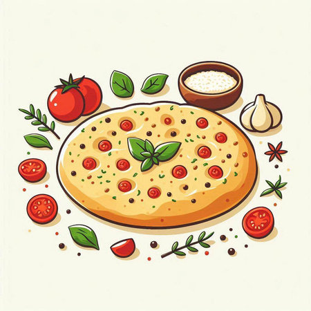 Pizza with tomatoes, herbs and spices. Hand drawn vector illustration.のイラスト素材