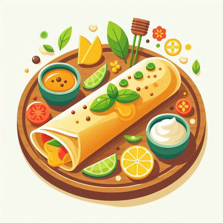 Crepes with vegetables, herbs and sauce. Vector illustration.のイラスト素材