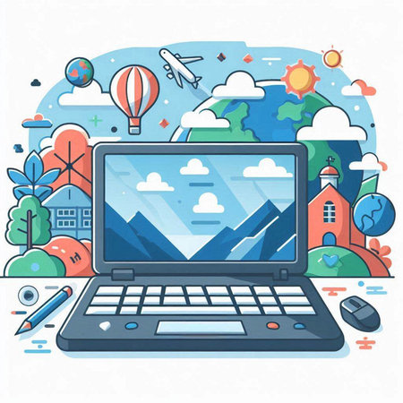 Vector illustration of laptop with travel icons. Line art design for web, site, advertising, banner and print.のイラスト素材
