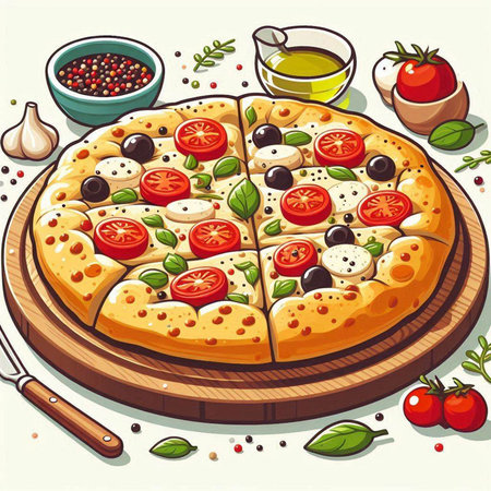 Pizza with mozzarella, tomatoes and olives. Vector illustrationのイラスト素材