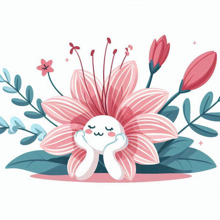 Cute pink flower with a cute cartoon character. Vector illustration.のイラスト素材