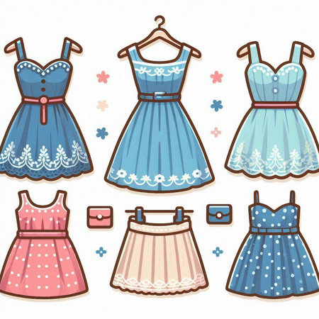 Illustration of a set of cute dresses and accessories on a white backgroundのイラスト素材
