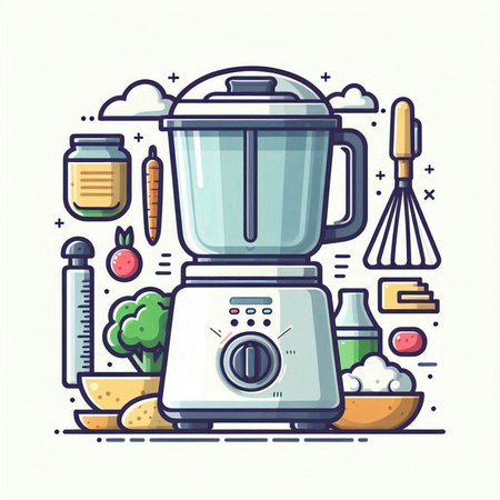Kitchen appliances and kitchen utensils. Vector illustration in line styleのイラスト素材