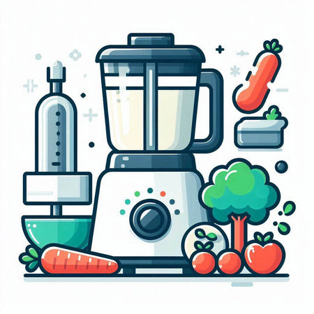 Kitchen appliances. Blender, tomato, carrot, pepper, eggplant, potato, cucumber. Vector illustration.のイラスト素材