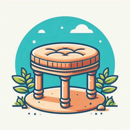 Illustration of a round wooden stool on the sand in the gardenのイラスト素材