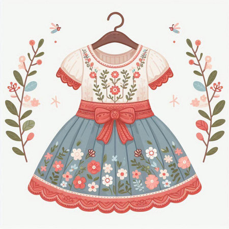 Cute dress with floral pattern and bow. Vector illustration for your designのイラスト素材