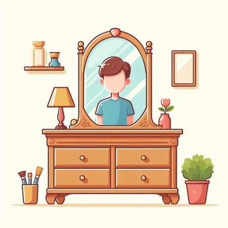 Vector illustration of a man in a dressing room with a mirror.のイラスト素材