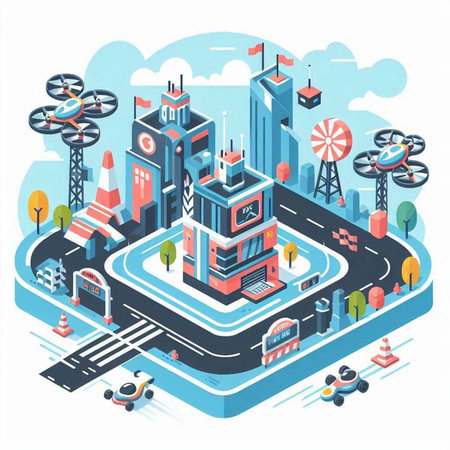 Isometric cityscape with modern buildings, roads and transport. Vector illustrationのイラスト素材