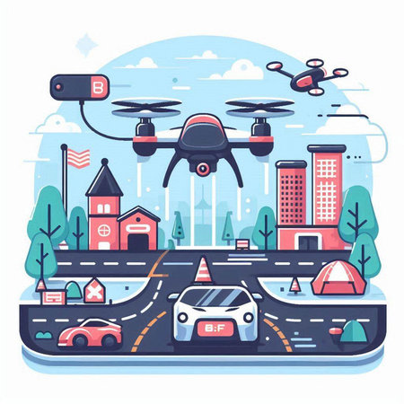 Drone flying over the city. Vector illustration in flat style.のイラスト素材