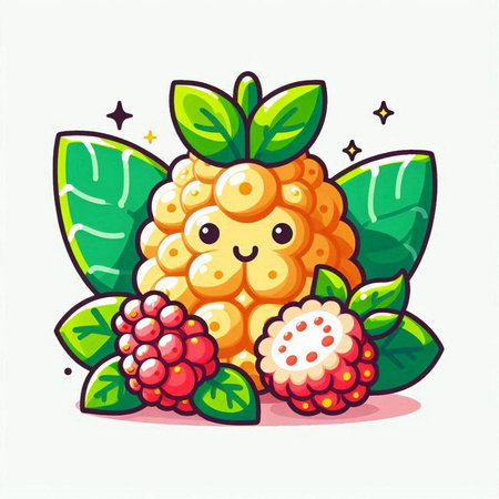 Cute Raspberries fruit character. Vector flat cartoon illustration.のイラスト素材