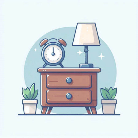 Bedside table with alarm clock and lamp. Flat vector illustration.のイラスト素材
