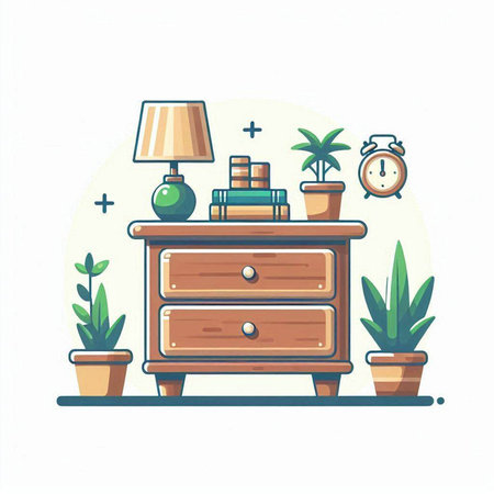 Vector illustration of a nightstand with books, lamp and plants.のイラスト素材