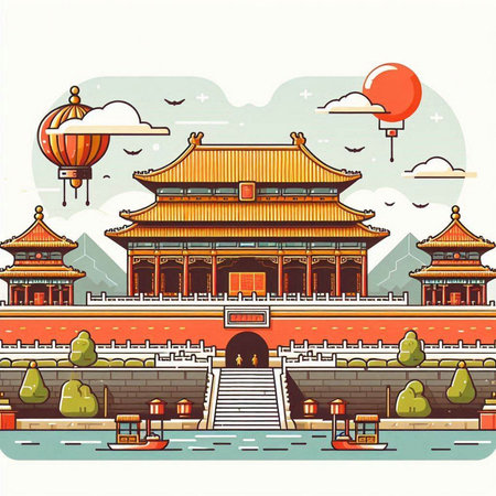 Chinese ancient building in the middle of the city. Vector illustration.のイラスト素材