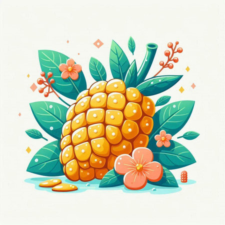 Illustration of yellow corn with flowers and leaves on a white backgroundのイラスト素材