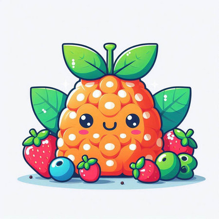 Funny kawaii orange fruit character with berries. Vector illustrationのイラスト素材