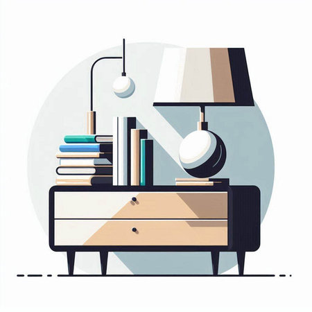 Vector illustration of a nightstand with books and a table lamp.のイラスト素材