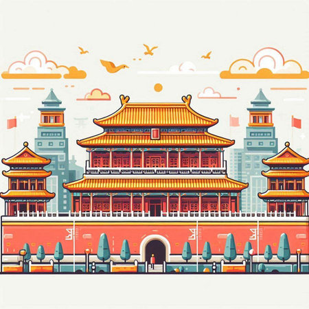 The ancient city of China. Vector illustration in flat style. Travel concept.のイラスト素材
