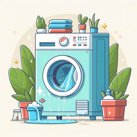 Washing machine with detergent. Vector illustration in flat style.のイラスト素材
