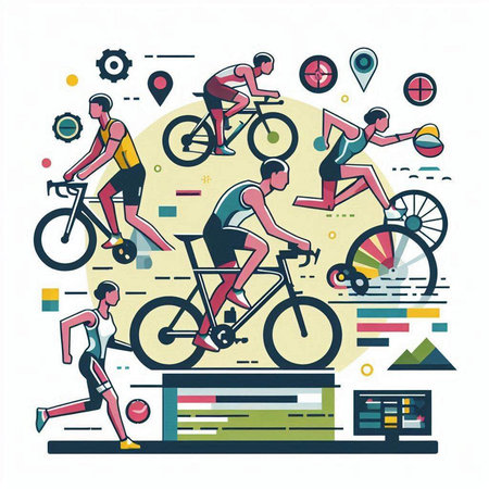 Cyclists and people in flat style. Vector illustration of a cyclist riding a bike.のイラスト素材