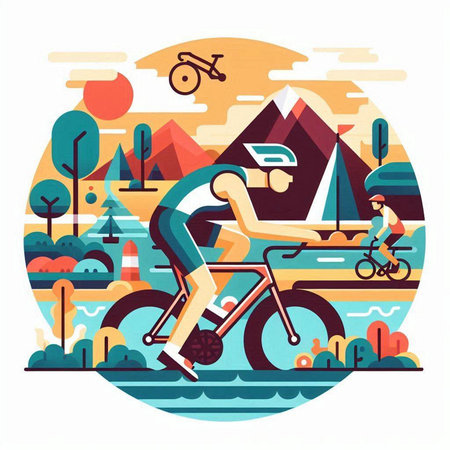 Cyclist on the road in the mountains. Flat vector illustration.のイラスト素材