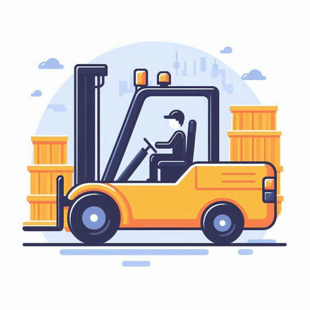 Forklift truck with barrels. Vector illustration in flat style.のイラスト素材