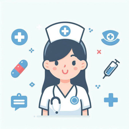 Female nurse with medical icons. Health care concept. Vector illustration.のイラスト素材
