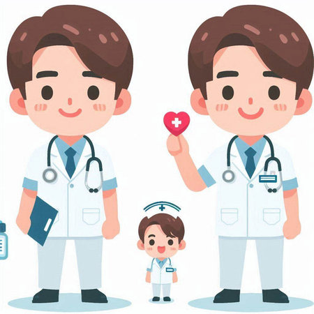 Illustration of a male doctor with a child and a stethoscopeのイラスト素材