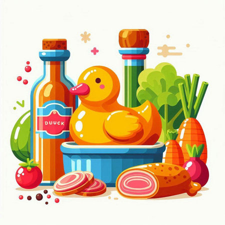 Illustration of food and drink with duck. Vector illustration of food and drink.のイラスト素材