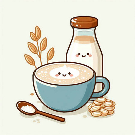 Coffee cup with milk and beans. Cute cartoon character.のイラスト素材