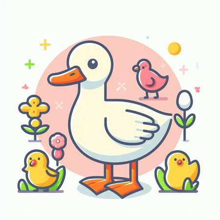 Vector illustration of cute duck with ducklings on white background. Flat style.のイラスト素材