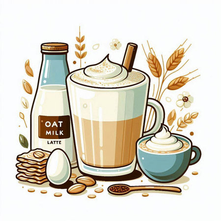 Coffee with milk, eggs and grains. Vector illustration.のイラスト素材