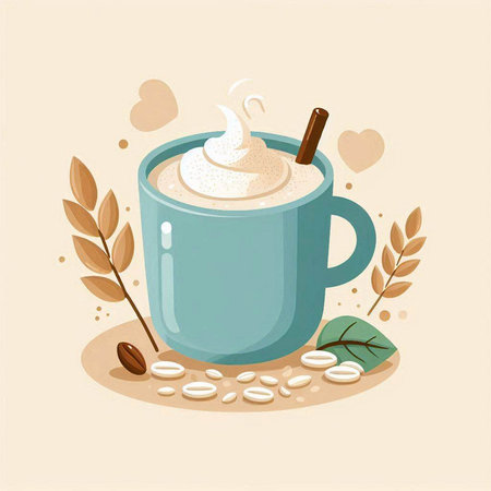 Coffee cup with whipped cream and cinnamon. Vector illustration.のイラスト素材
