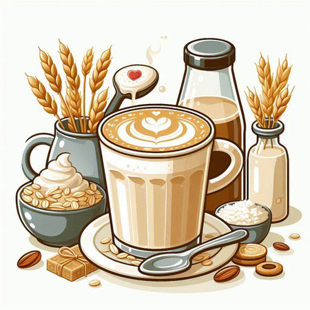 Cup of coffee with latte art and ingredients. Vector illustration.のイラスト素材