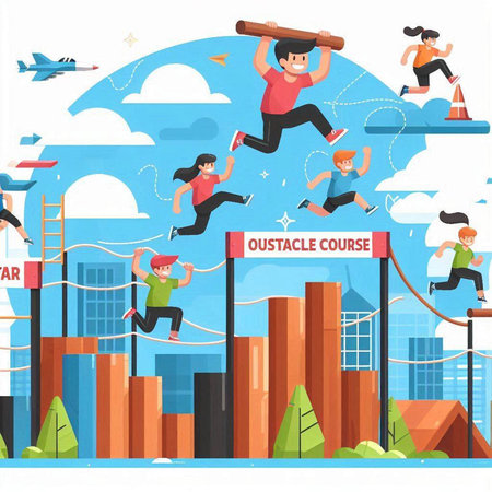 People running and jumping on obstacle course. Flat style vector illustration.のイラスト素材