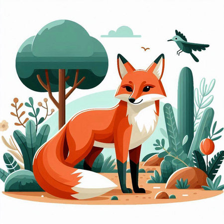 Vector illustration of a red fox in the jungle with cactuses and birdsのイラスト素材