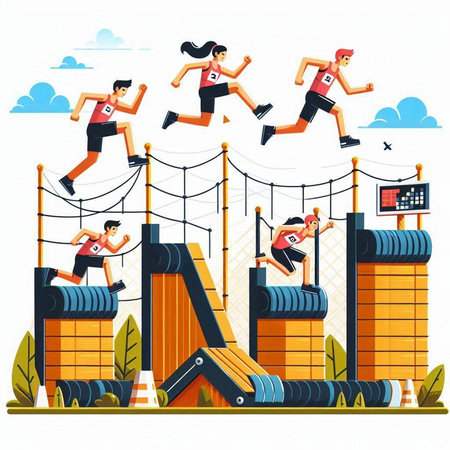 Vector illustration of a girl jumping on the obstacle course. Flat style.のイラスト素材