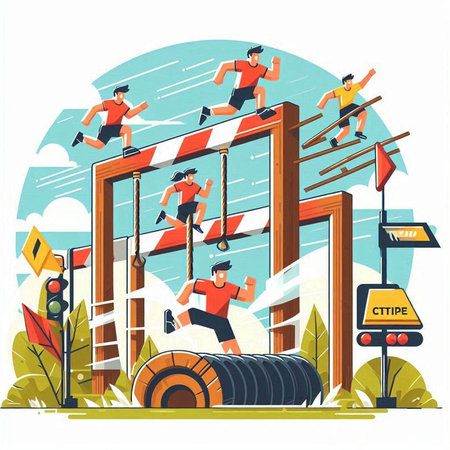 Vector illustration of people running at obstacle course. Flat style design.のイラスト素材