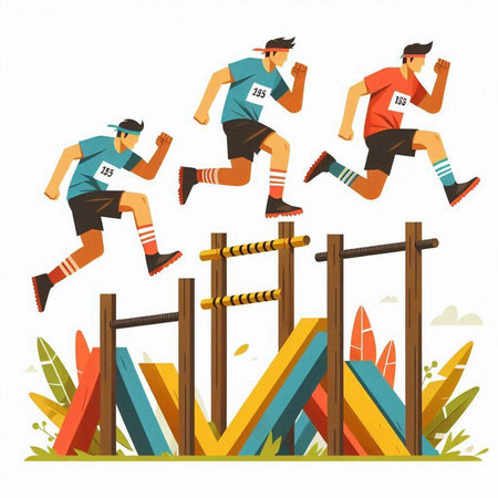 Athletic people jumping over obstacles. Vector illustration in flat styleのイラスト素材