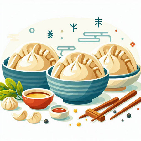 Vector illustration of dumplings in bowls with soy sauce and chopsticksのイラスト素材
